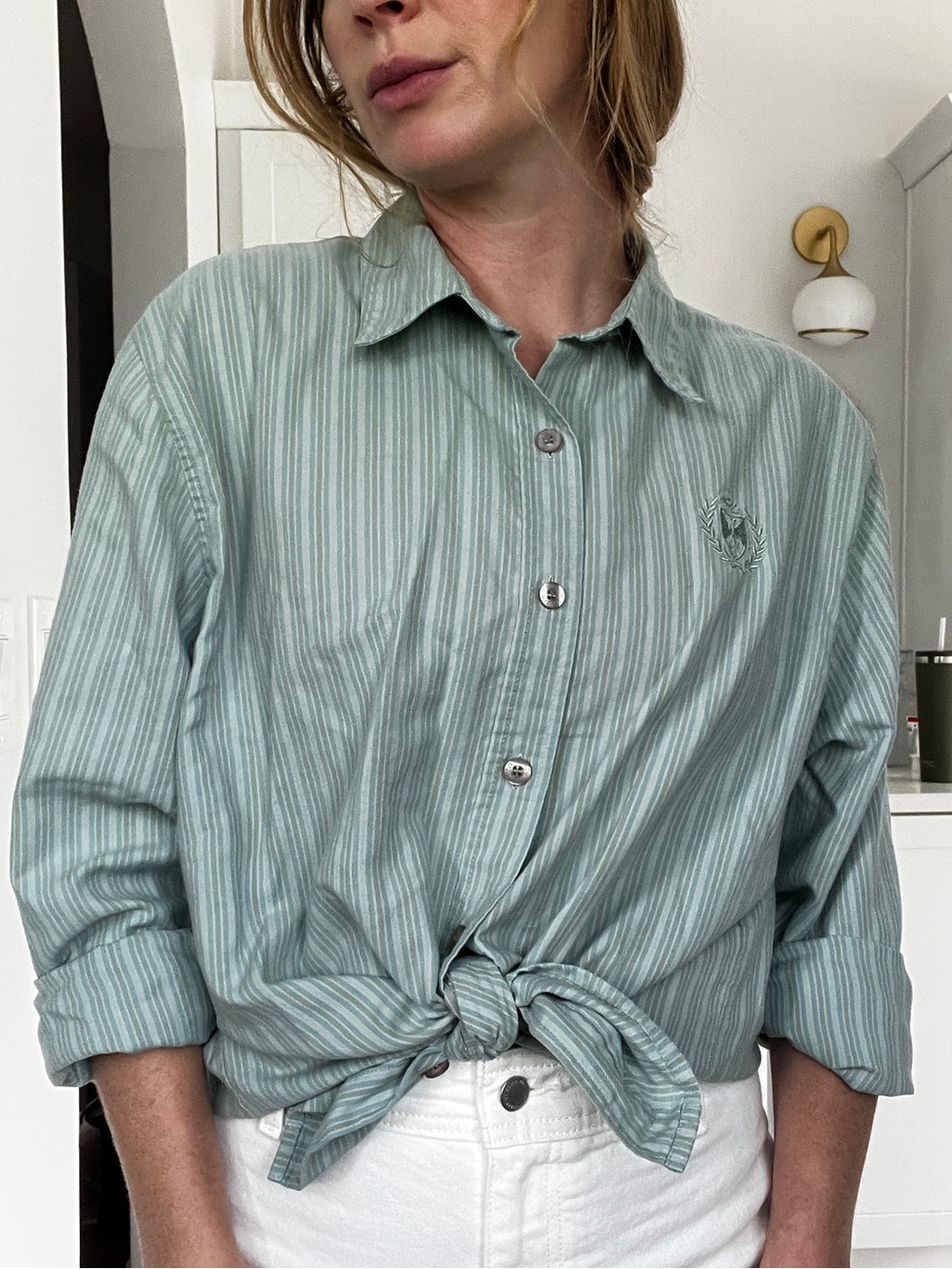 Vintage mint Green Striped Button Down Shirt embroidered emblem